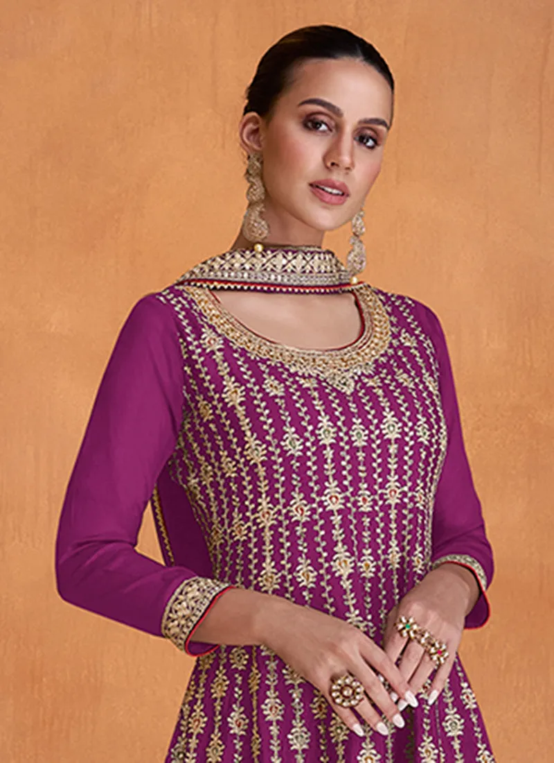Purple Multi Designer Embroidery Wedding Gharara Suit
