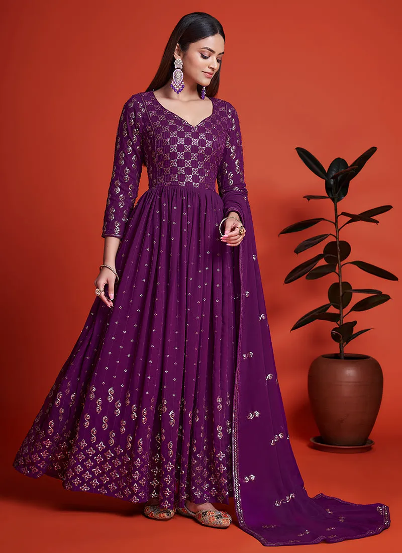 Purple Sequence Embroidery Traditional Anarkali Gown