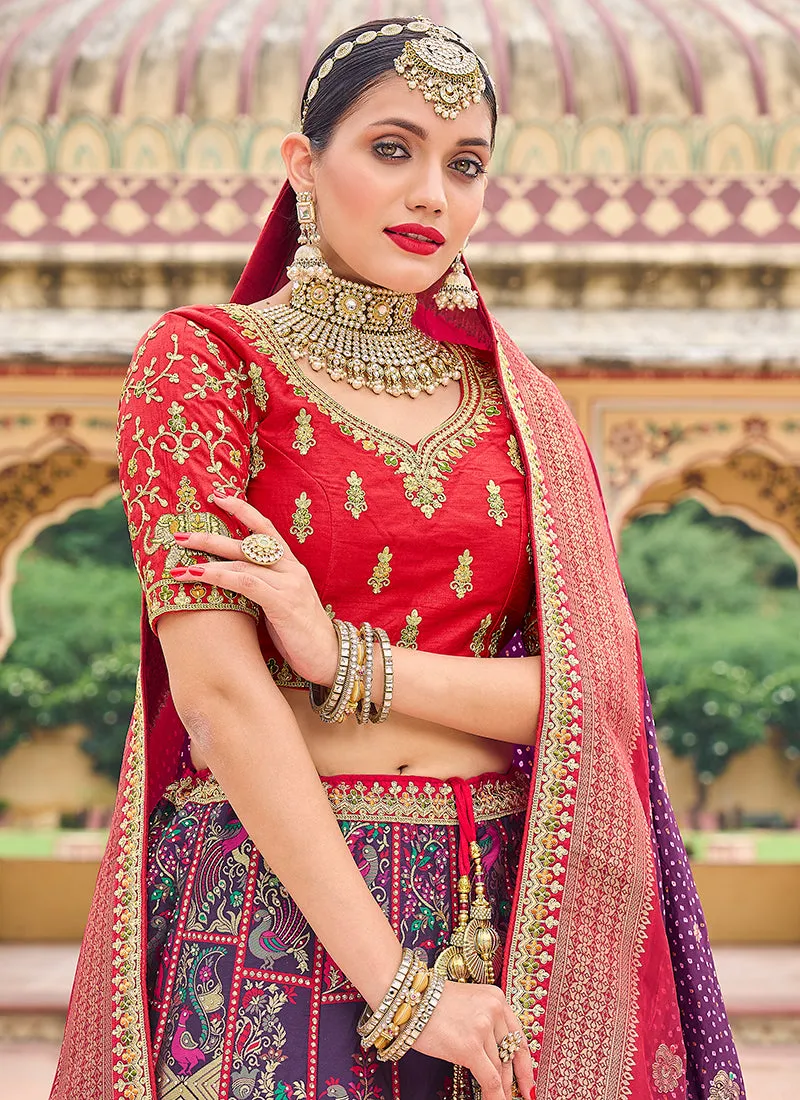 Red And Purple Multi Embroidery Wedding Lehenga Choli