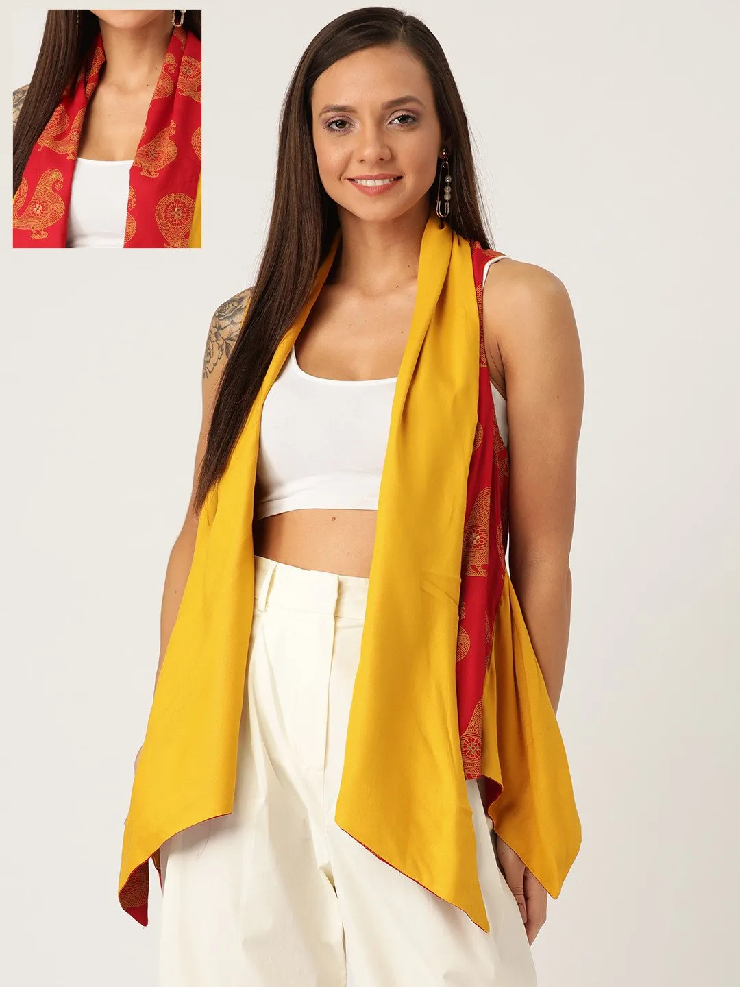 REVERSIBLE SHRUG  BIRD PRINT IN RED &YELLOW