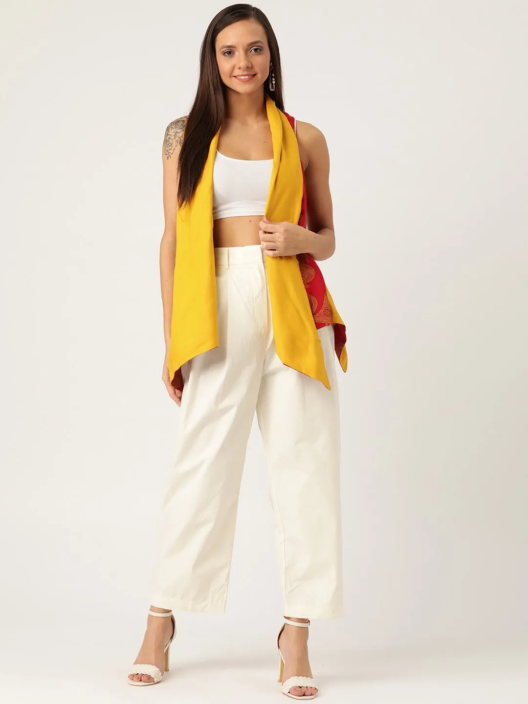 REVERSIBLE SHRUG  BIRD PRINT IN RED &YELLOW