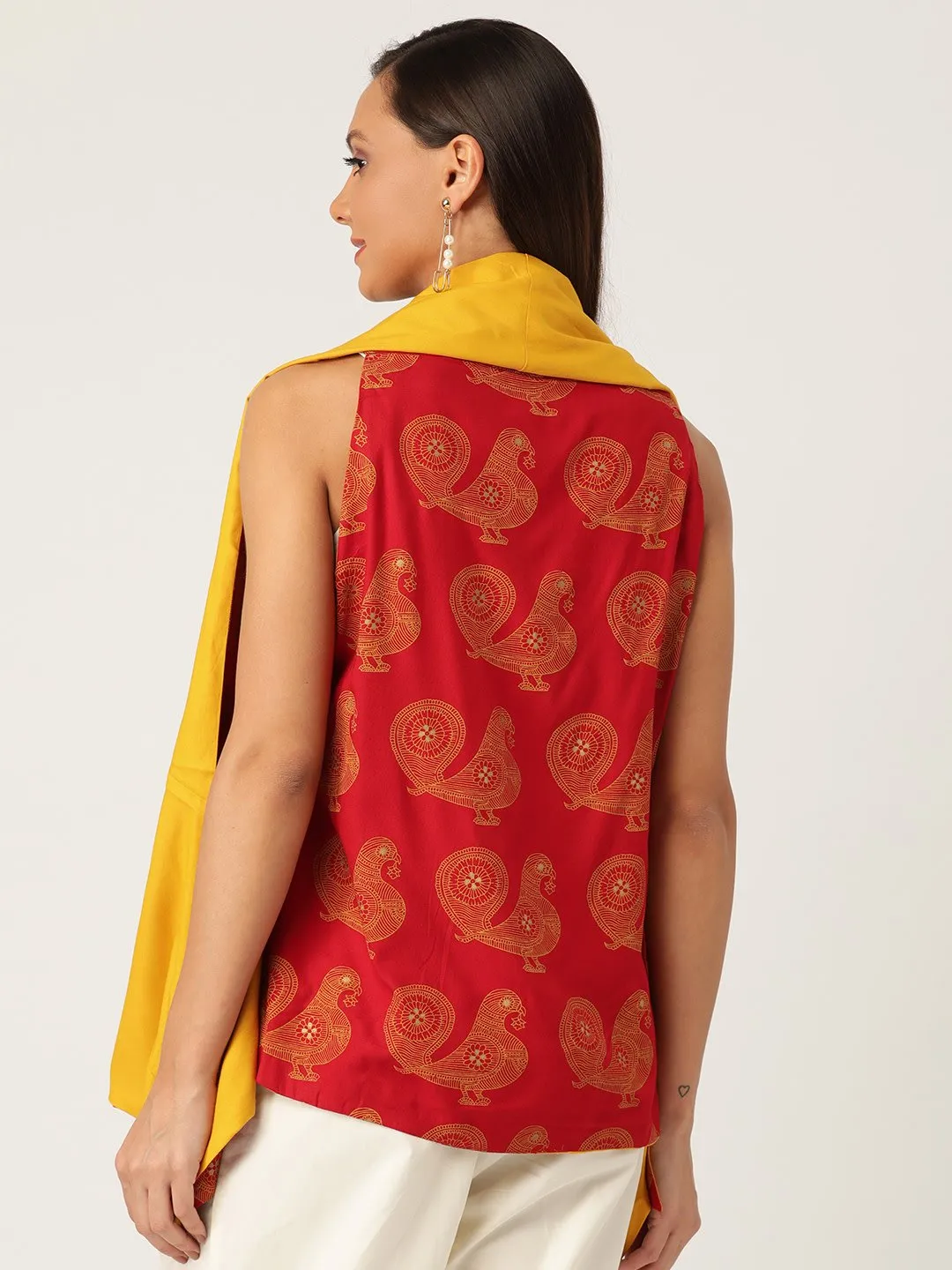 REVERSIBLE SHRUG  BIRD PRINT IN RED &YELLOW
