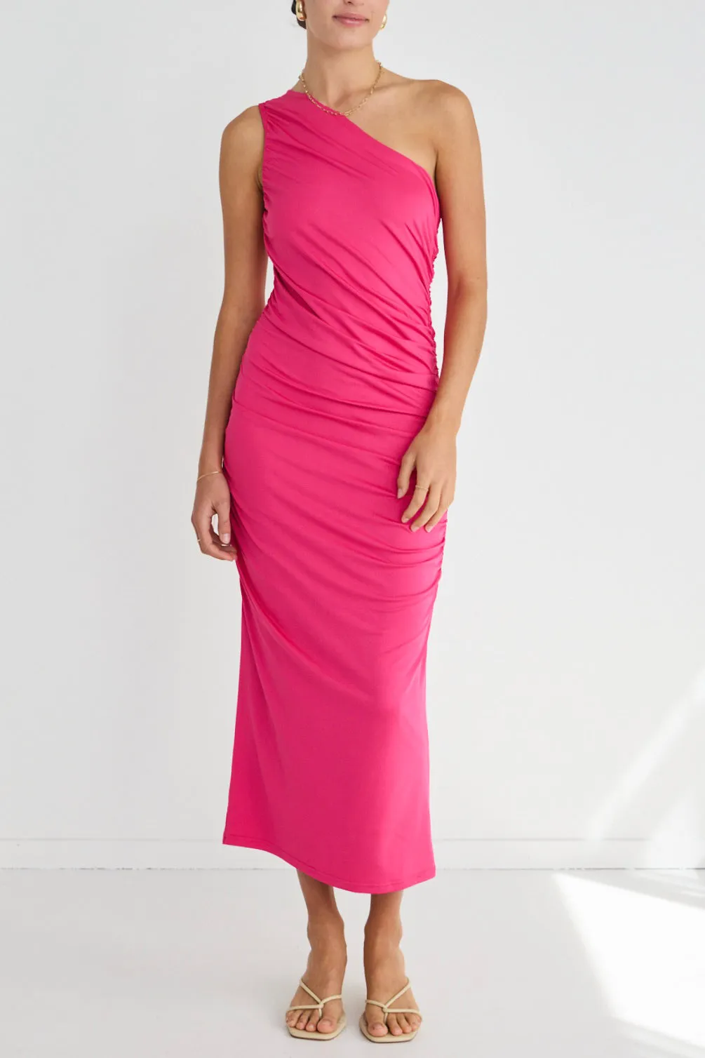 Rhapsody Pink One Shoulder Ruched Midi Dress