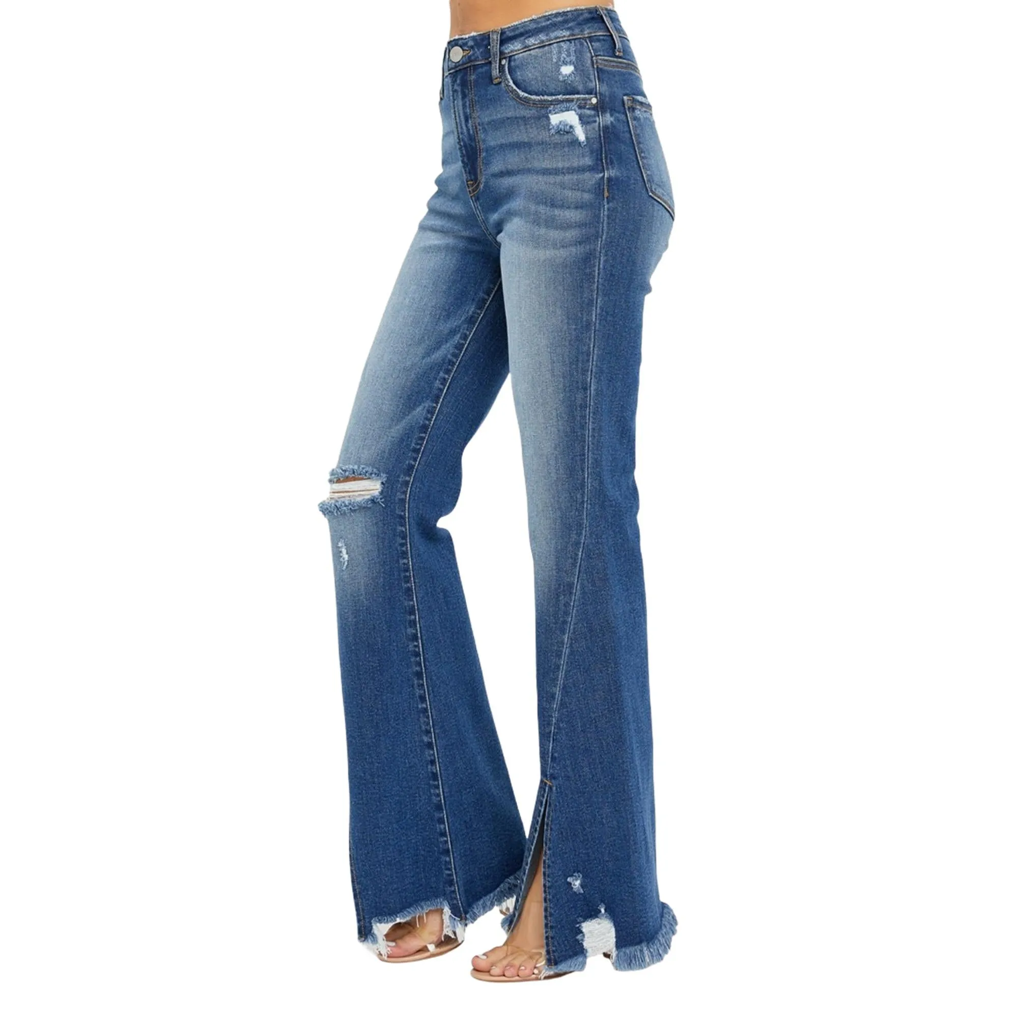 RISEN High Rise Flare Jeans With Front Slit And Frayed Hem
