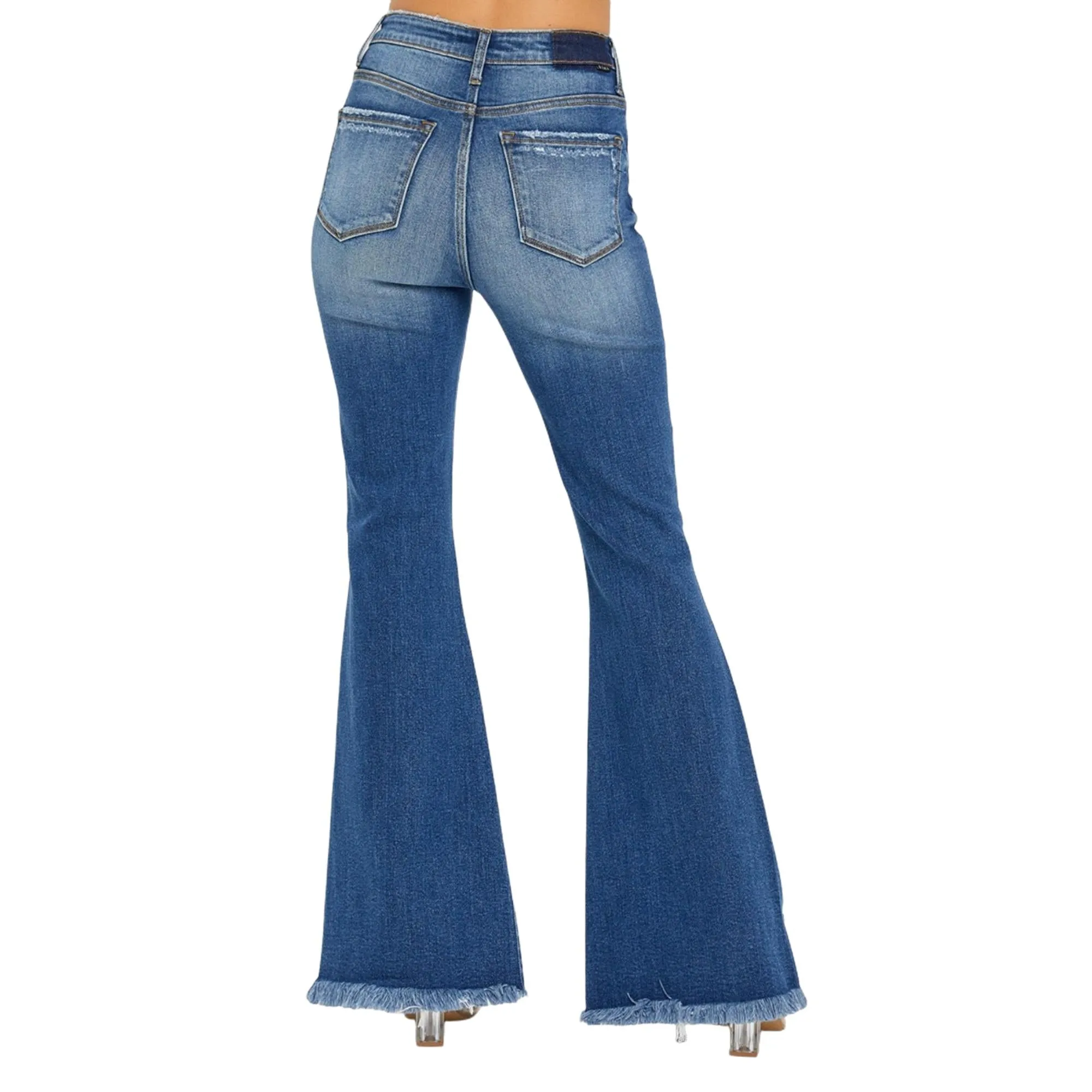 RISEN High Rise Flare Jeans With Front Slit And Frayed Hem