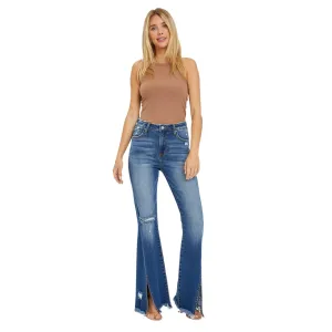 RISEN High Rise Flare Jeans With Front Slit And Frayed Hem