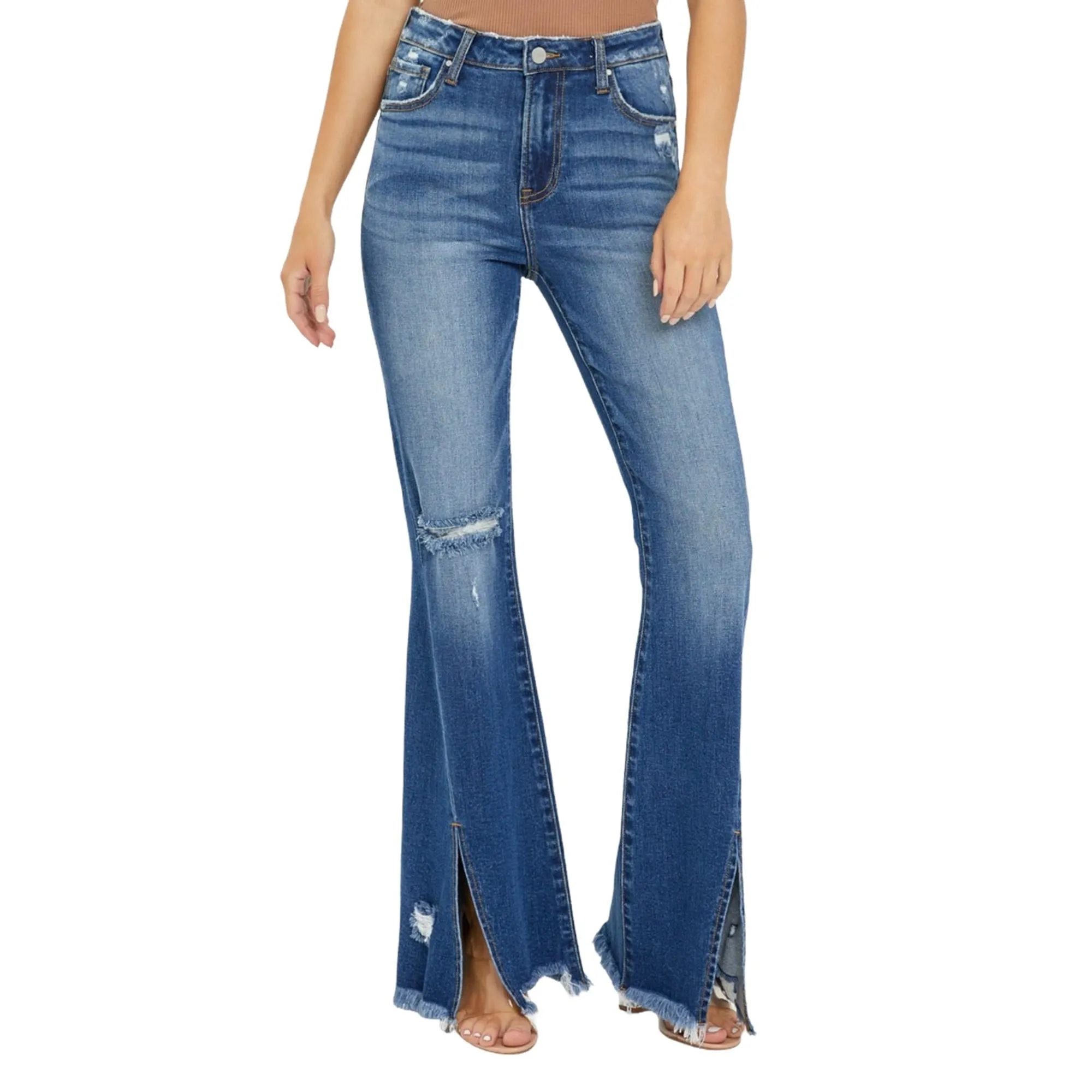 RISEN High Rise Flare Jeans With Front Slit And Frayed Hem
