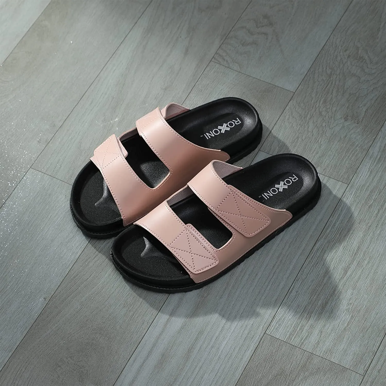 Roxoni Women’s Cushioned Two Strap Footbed Sandals Lightweight Open Toe Slide Sandals