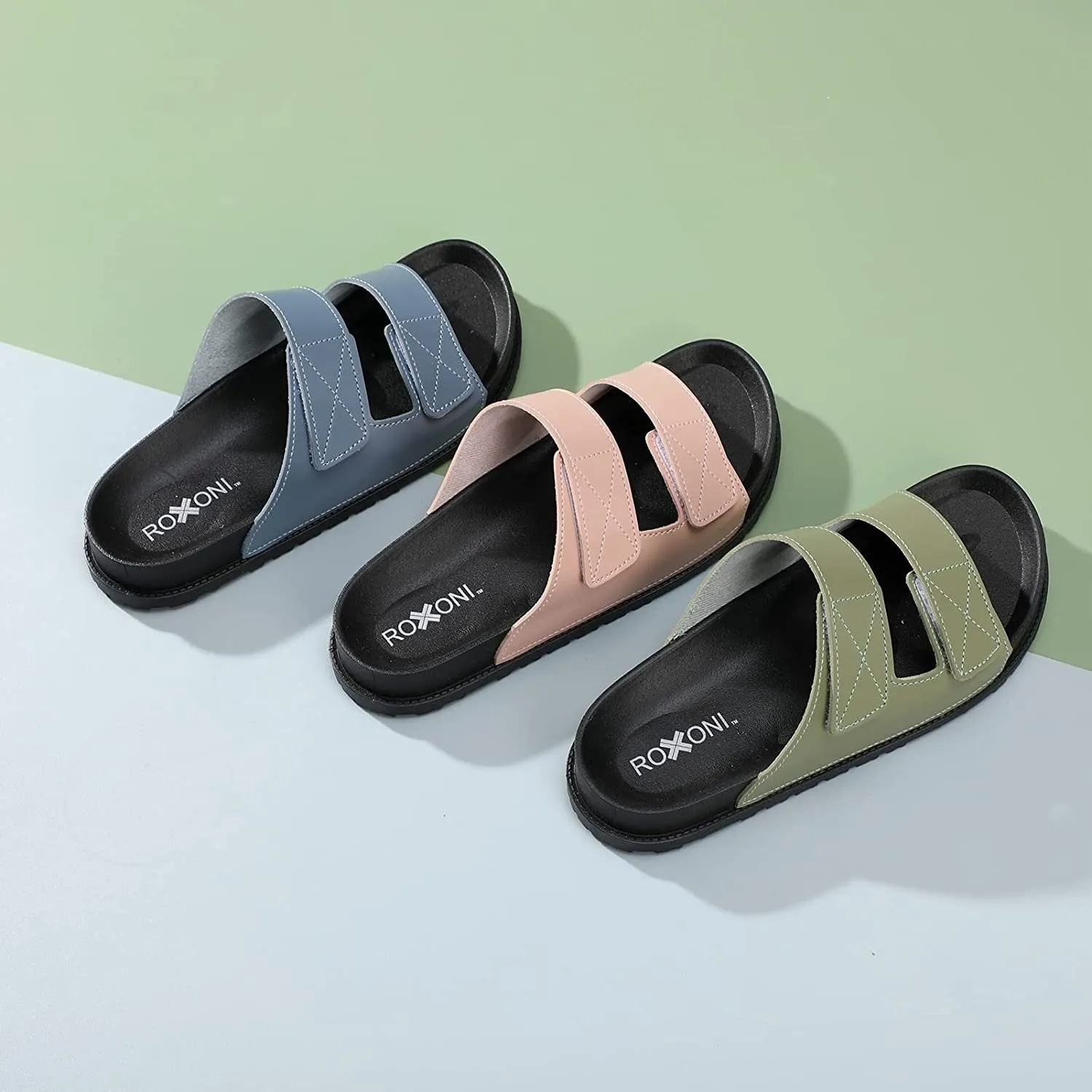 Roxoni Women’s Cushioned Two Strap Footbed Sandals Lightweight Open Toe Slide Sandals