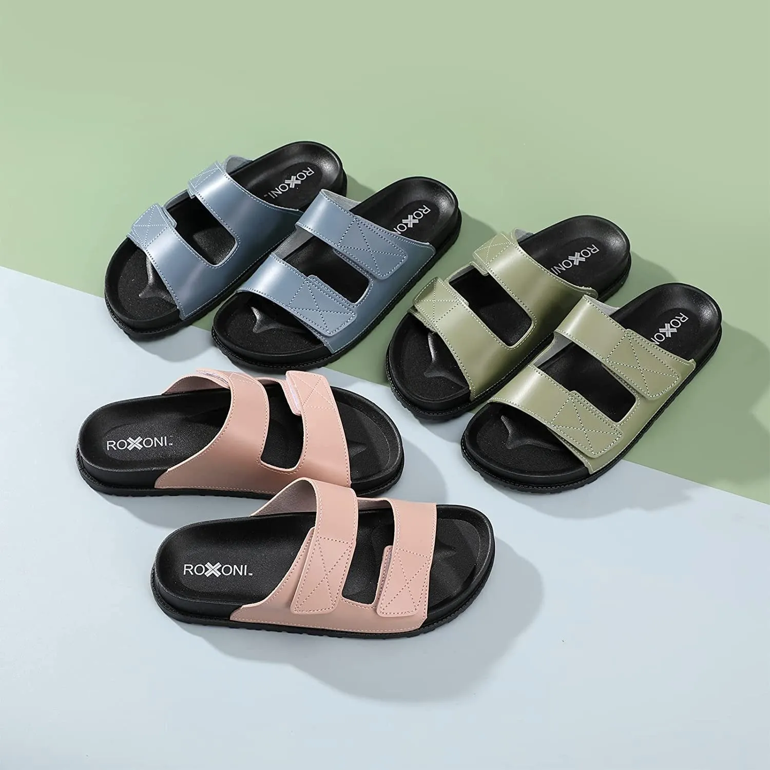 Roxoni Women’s Cushioned Two Strap Footbed Sandals Lightweight Open Toe Slide Sandals