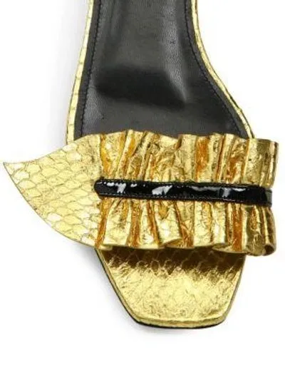 SAINT LAURENT EDIE METALLIC SNAKESKIN SLINGBACK FLAT SANDALS