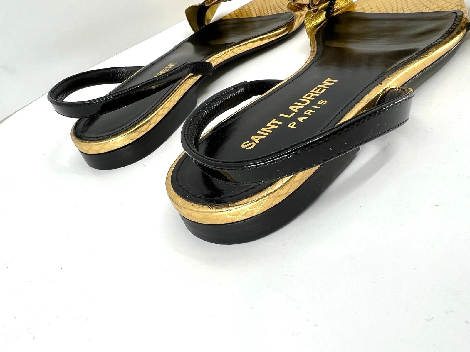 SAINT LAURENT EDIE METALLIC SNAKESKIN SLINGBACK FLAT SANDALS