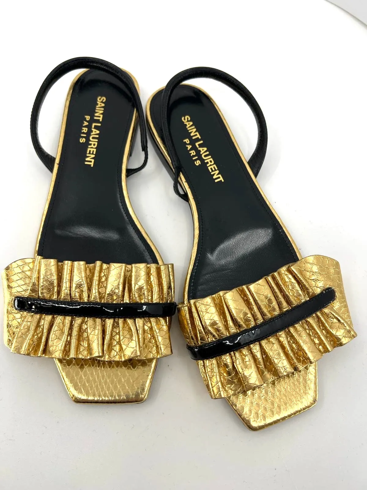 SAINT LAURENT EDIE METALLIC SNAKESKIN SLINGBACK FLAT SANDALS