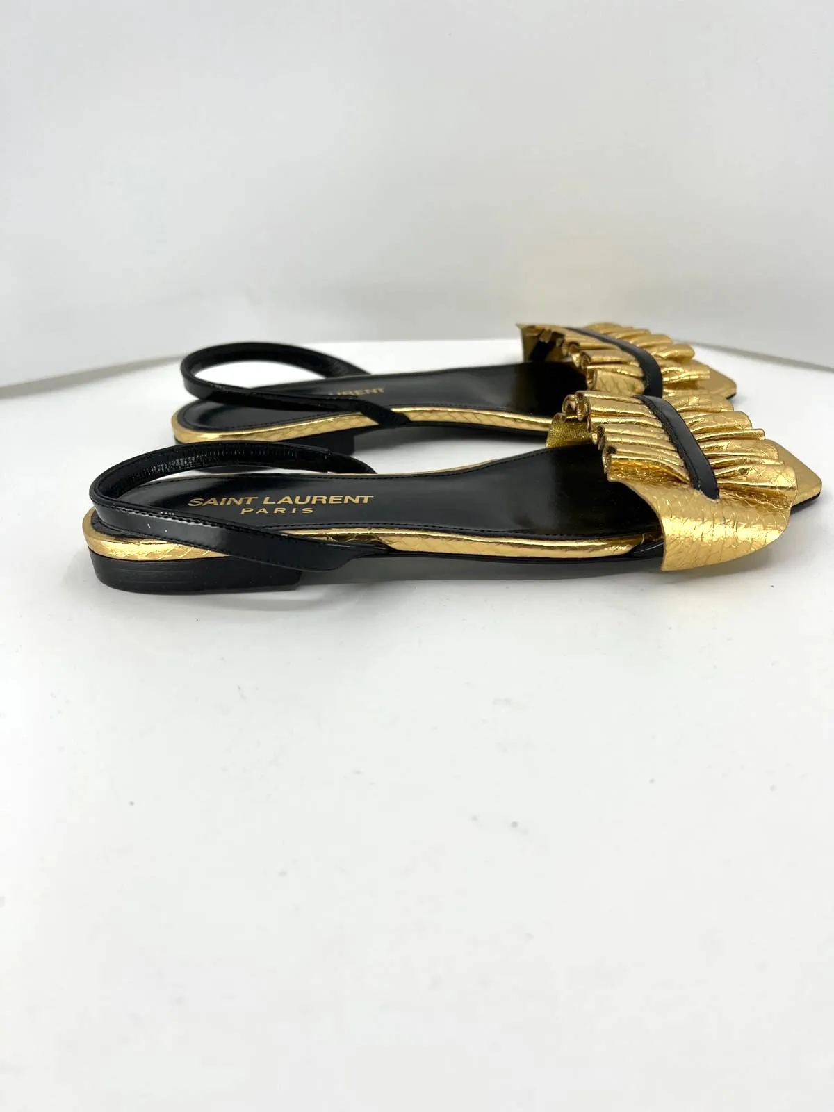 SAINT LAURENT EDIE METALLIC SNAKESKIN SLINGBACK FLAT SANDALS