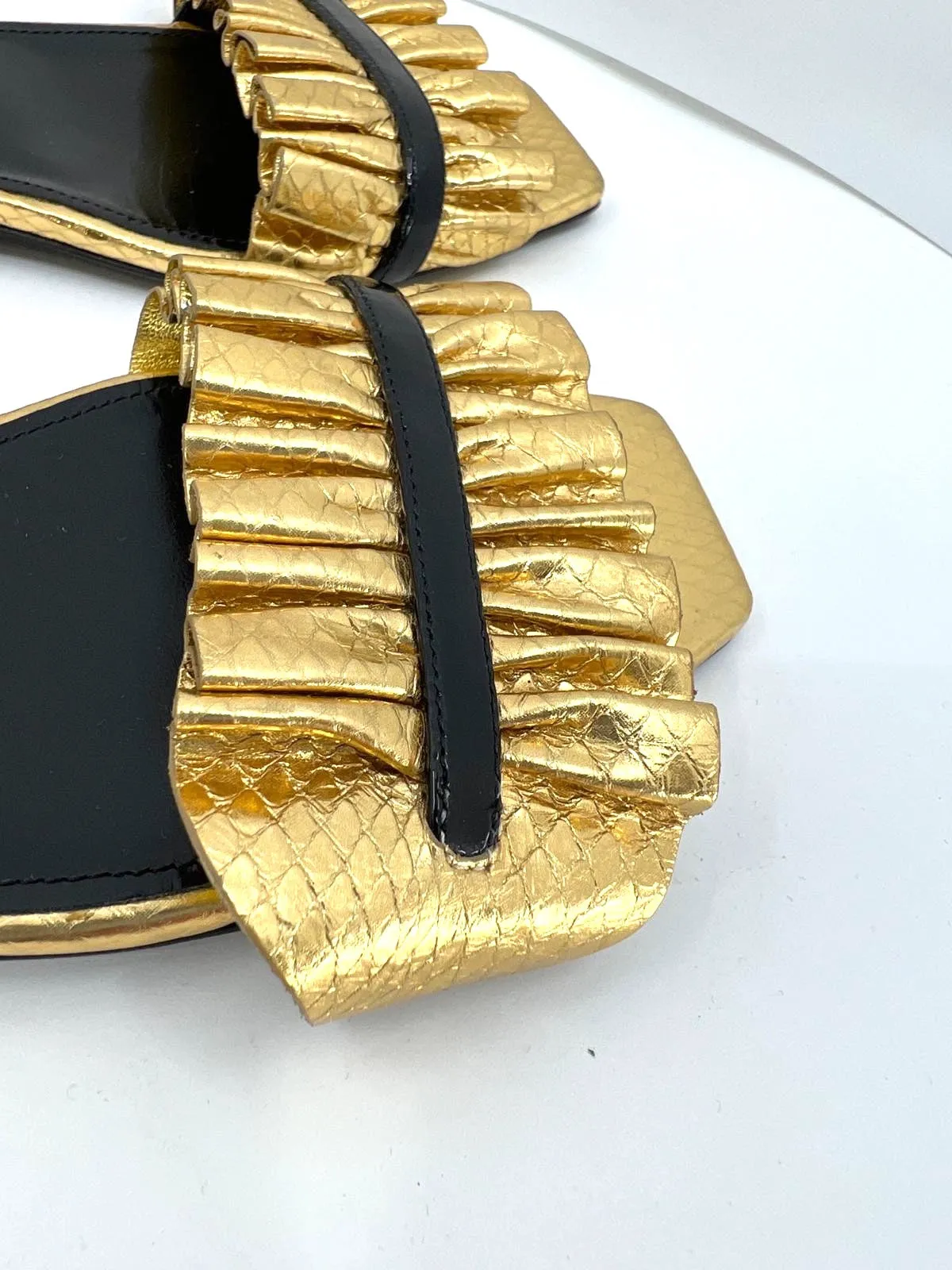 SAINT LAURENT EDIE METALLIC SNAKESKIN SLINGBACK FLAT SANDALS