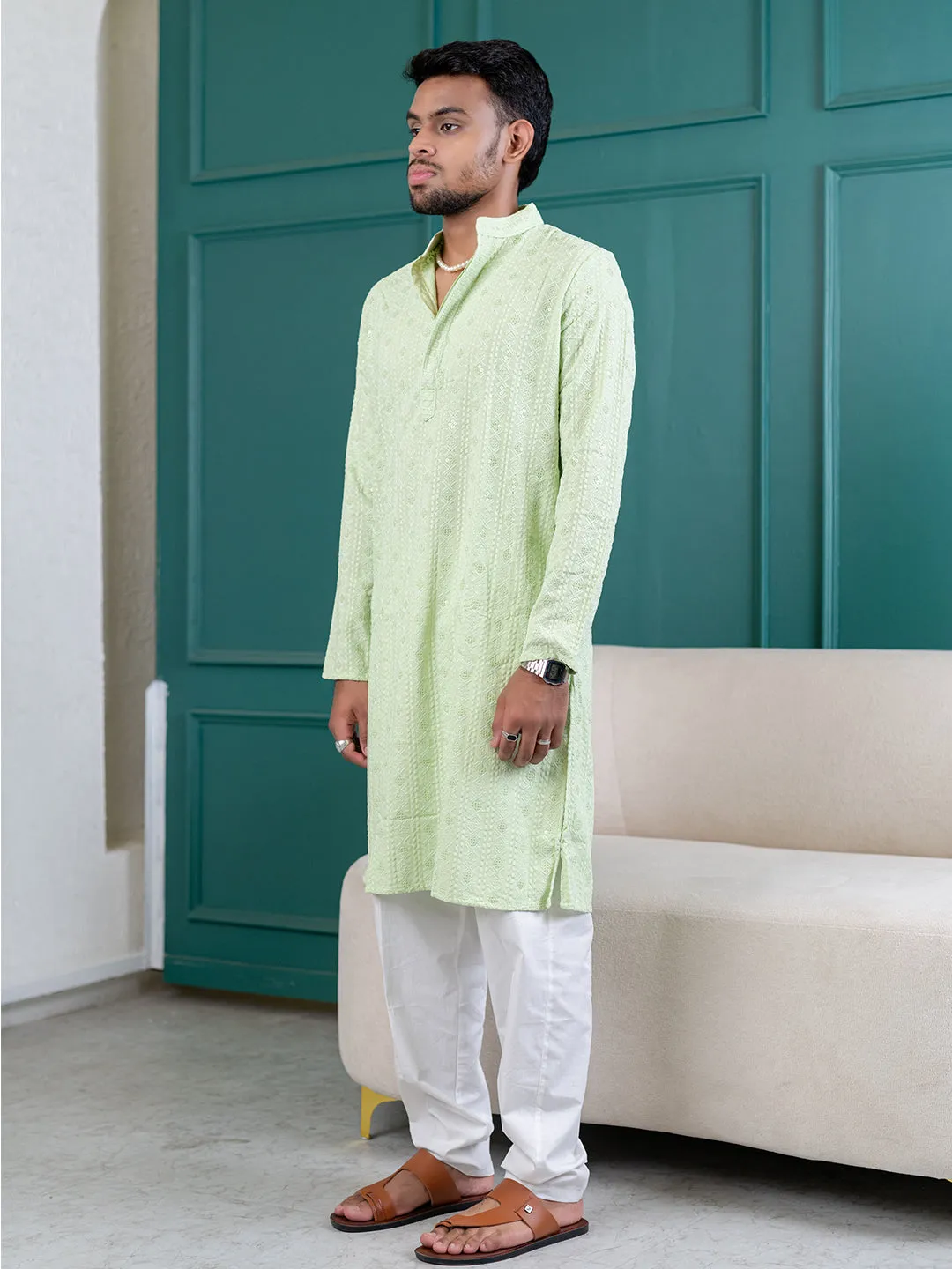 Seafoam Green Chikankari Embroidered Cotton Men's Kurta