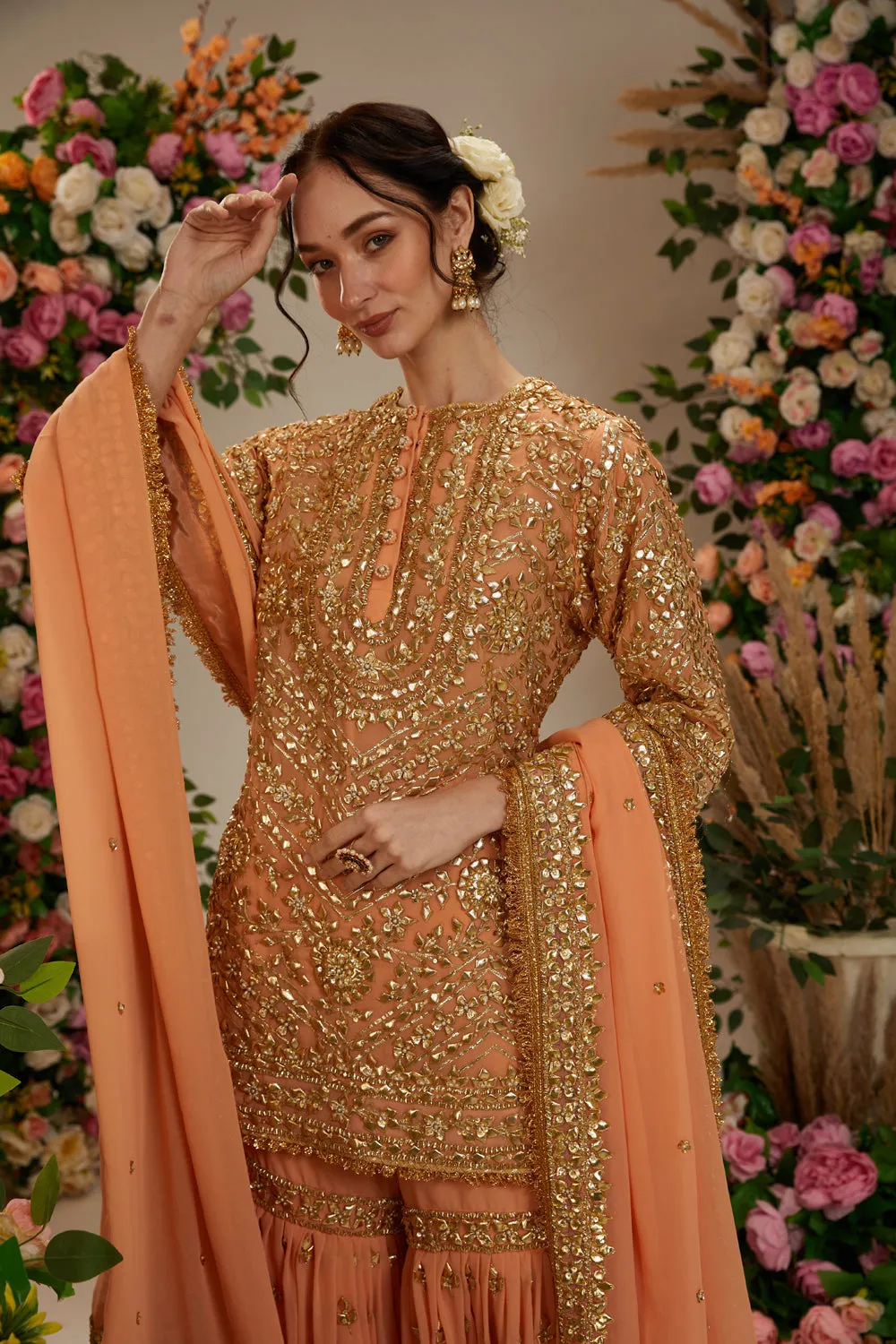 Soft Peach Short Kurta With Garara And Organza Dupatta