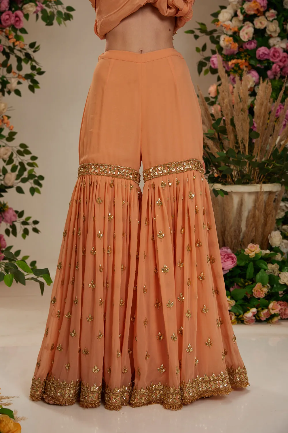 Soft Peach Short Kurta With Garara And Organza Dupatta
