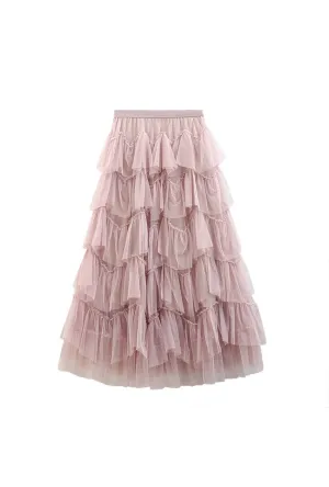 Soft Pink Tiered Long Tulle Skirt