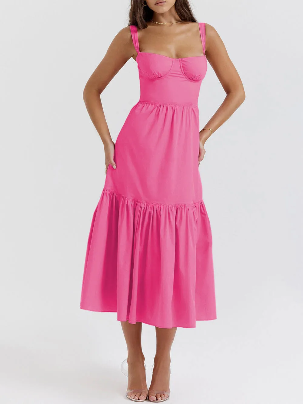 Strap Solid Color Charming A-Hem Midi Dress