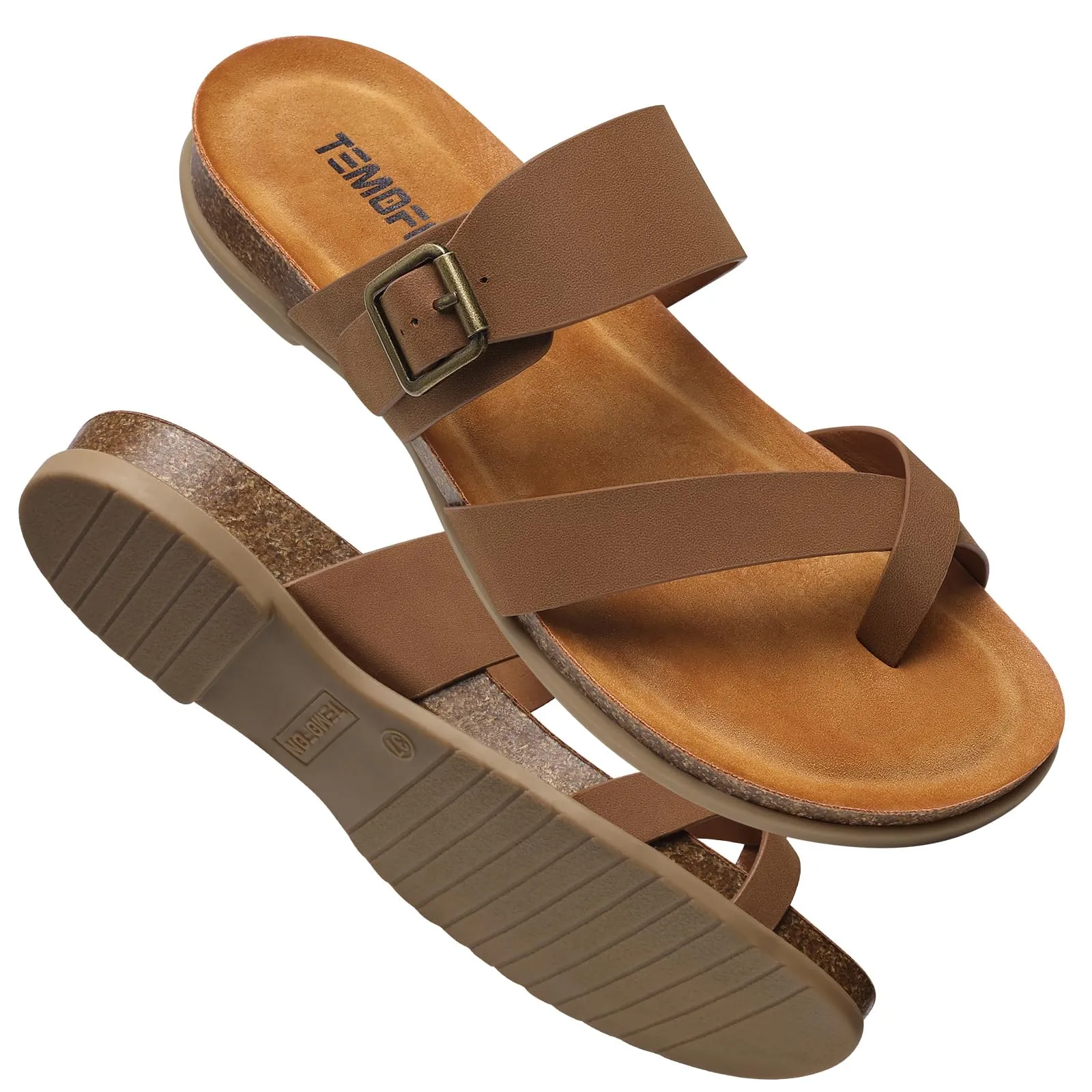 TEMOFON Womens Flat Sandals with Arch Support Adjustable Straps Comfortable Summer Walking Casual Flip Flops Brown Size 7