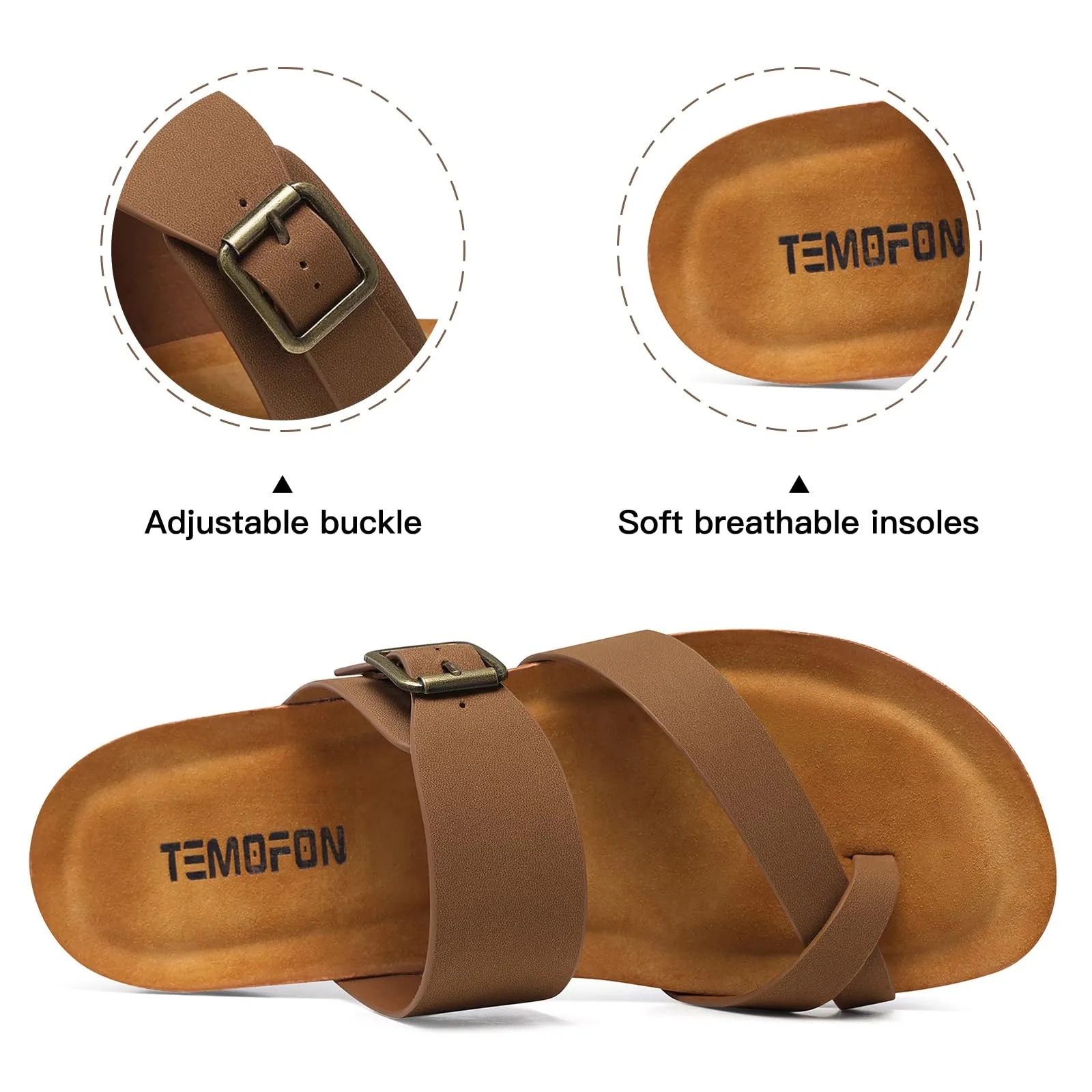 TEMOFON Womens Flat Sandals with Arch Support Adjustable Straps Comfortable Summer Walking Casual Flip Flops Brown Size 7