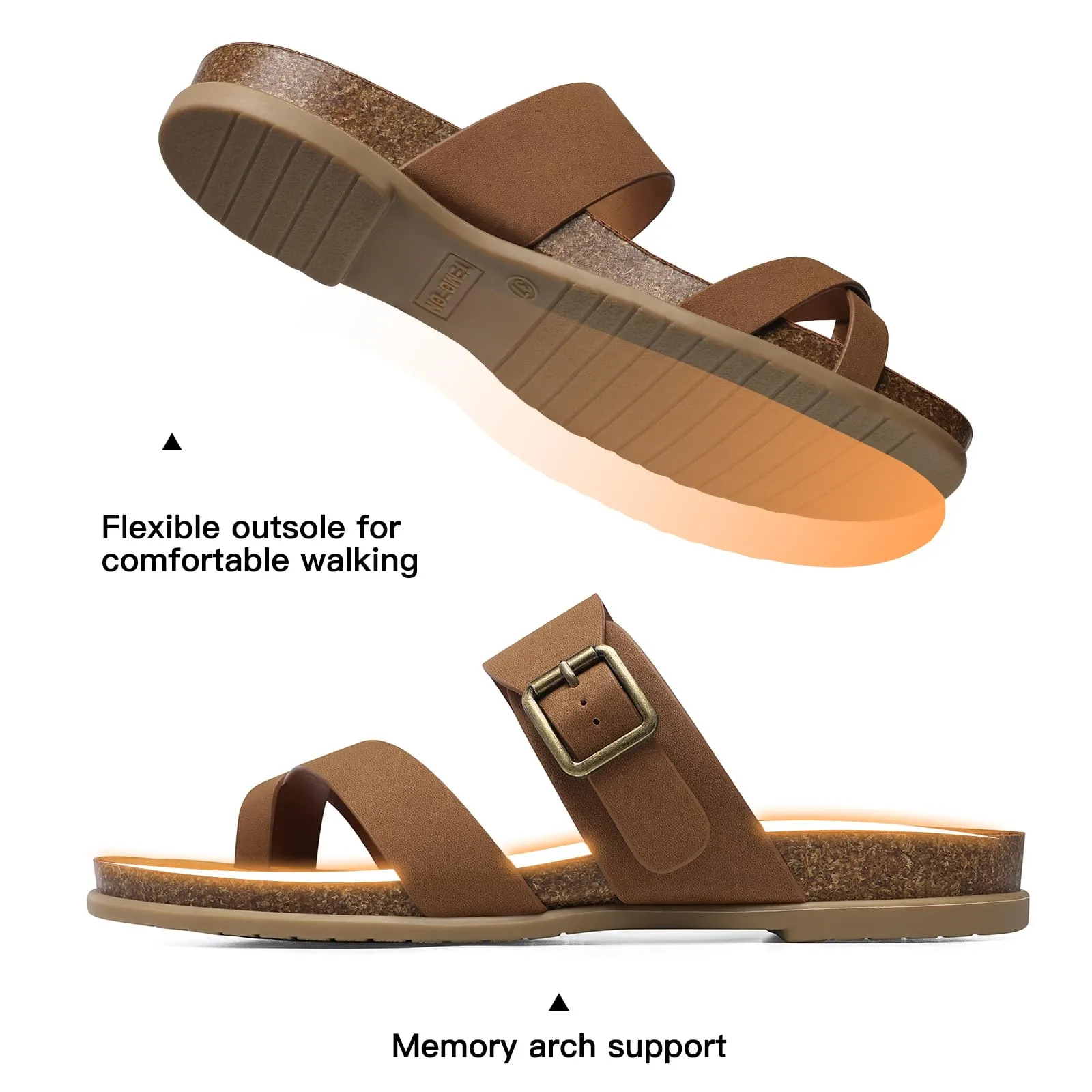 TEMOFON Womens Flat Sandals with Arch Support Adjustable Straps Comfortable Summer Walking Casual Flip Flops Brown Size 7