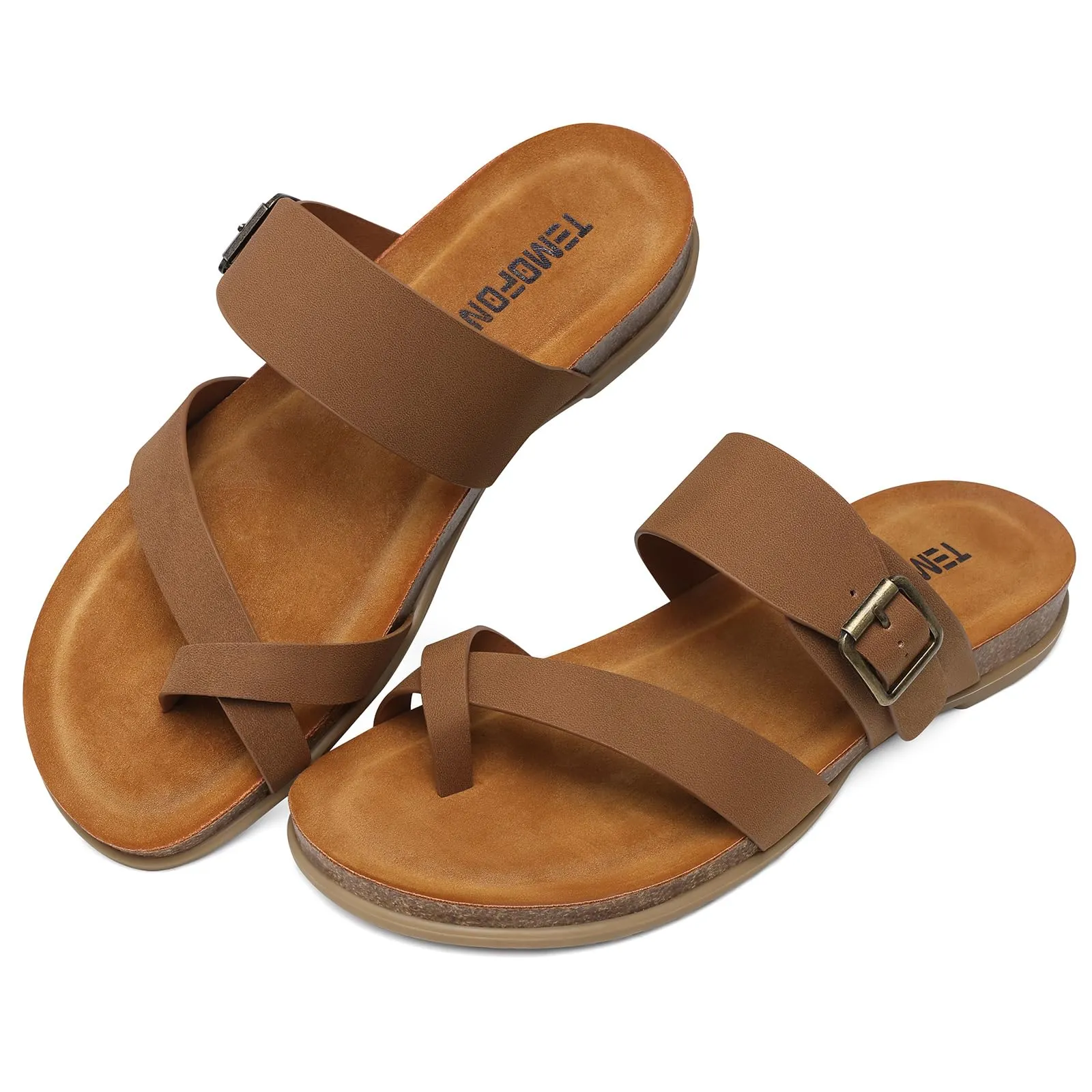 TEMOFON Womens Flat Sandals with Arch Support Adjustable Straps Comfortable Summer Walking Casual Flip Flops Brown Size 7