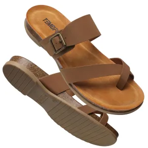 TEMOFON Womens Flat Sandals with Arch Support Adjustable Straps Comfortable Summer Walking Casual Flip Flops Brown Size 7