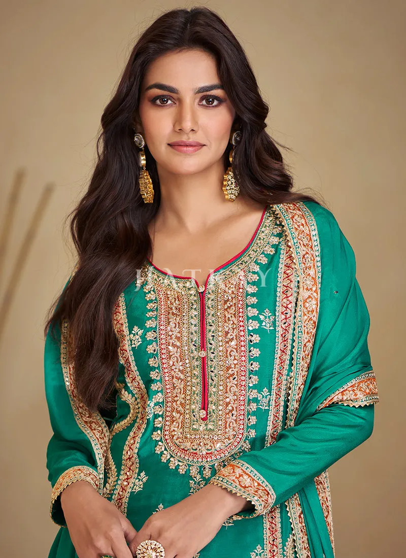 Turquoise Multi Embroidered Palazzo Suit