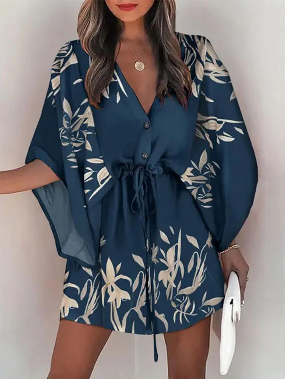 V-Neck Tie Printed Charming Batwing Sleeve Dress