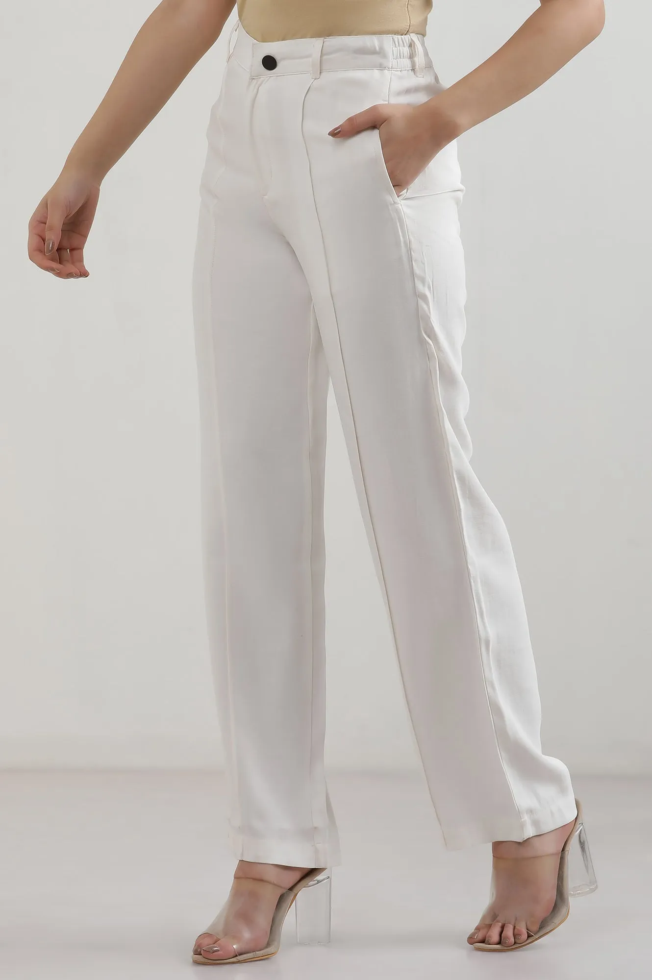 White Solid Rayon Parallel Pants