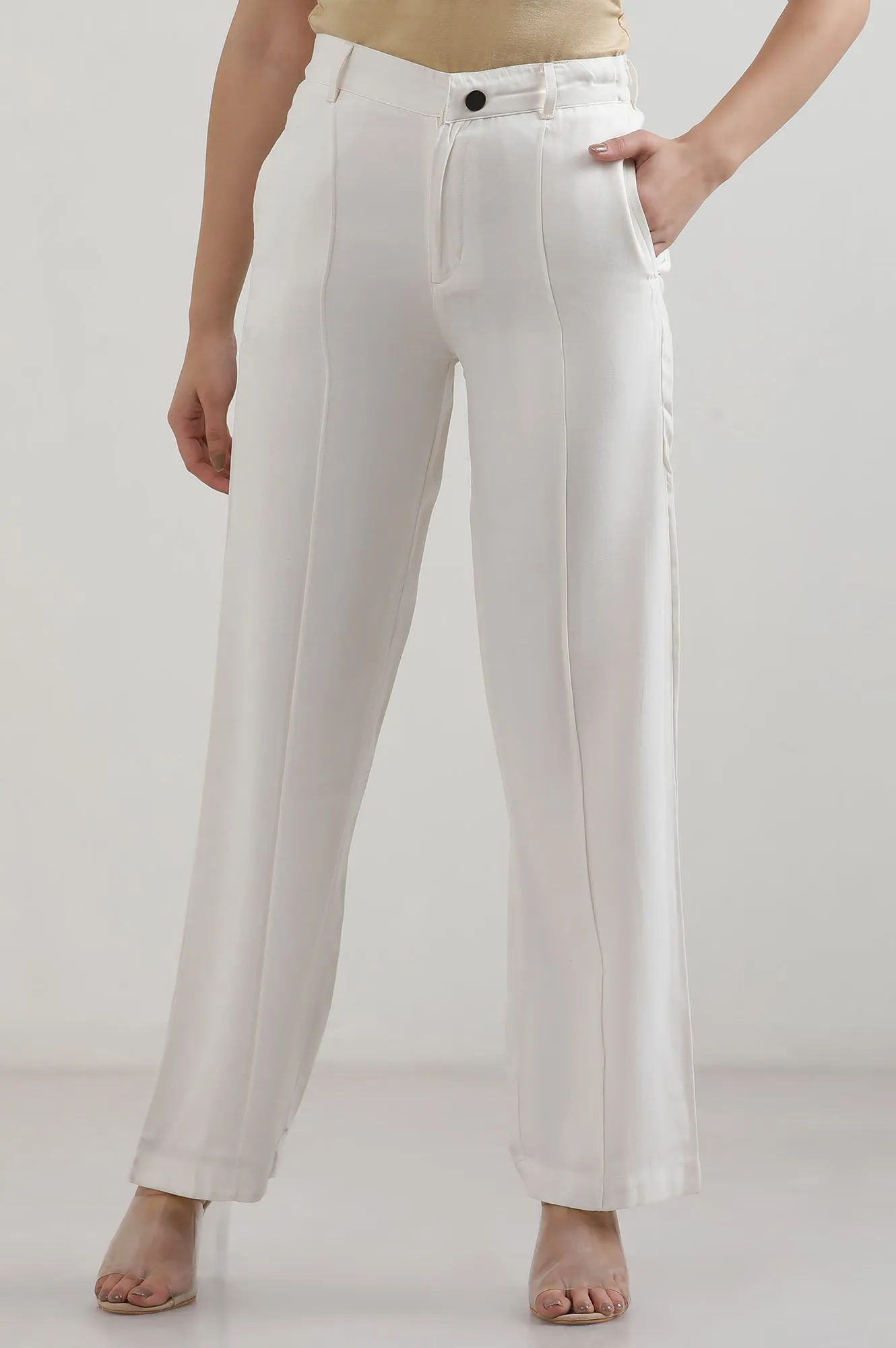 White Solid Rayon Parallel Pants