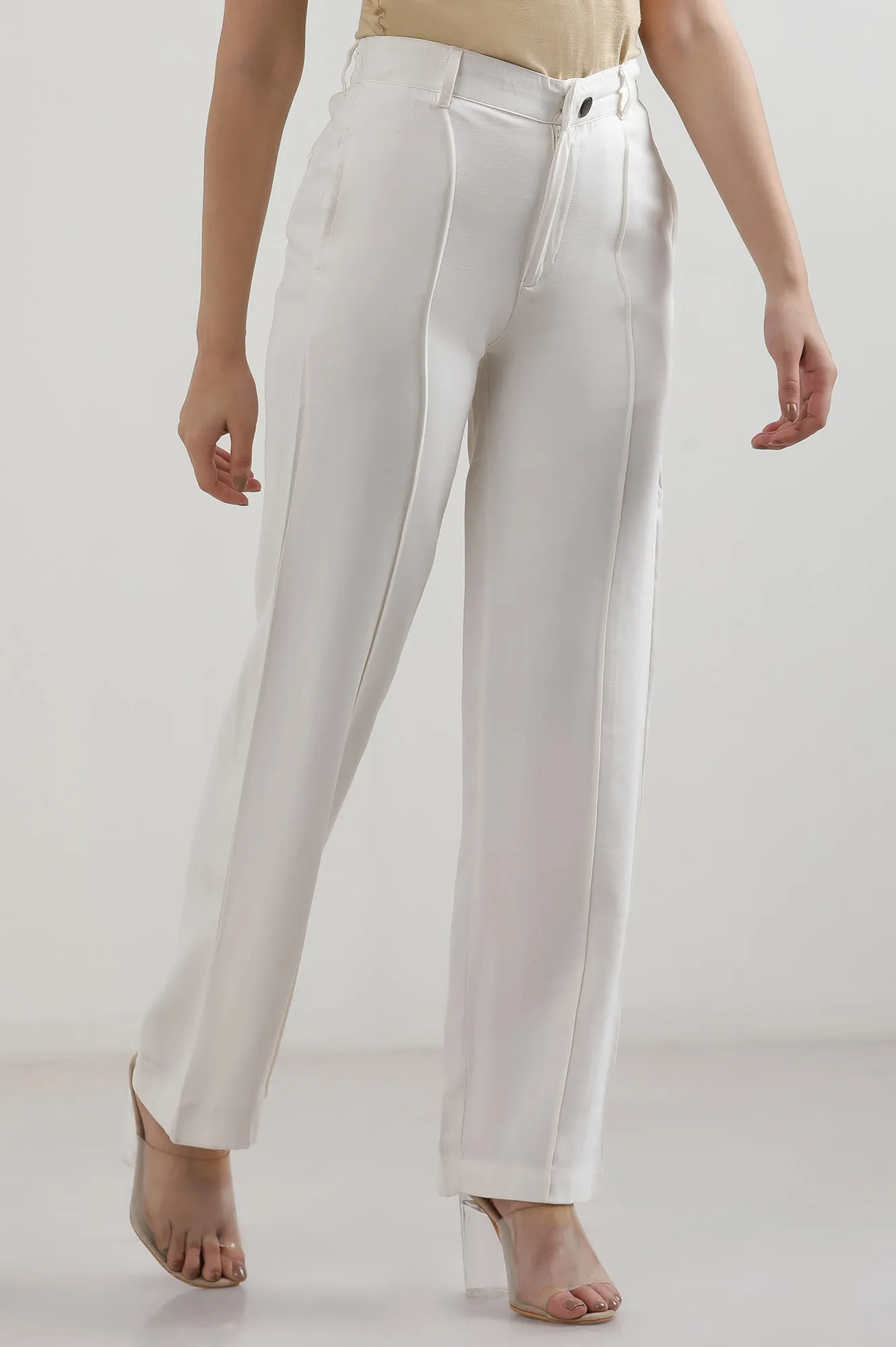 White Solid Rayon Parallel Pants
