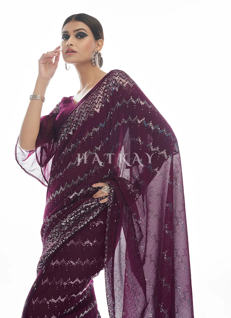 Wine Sequence Embellished Bridesmaid Saree