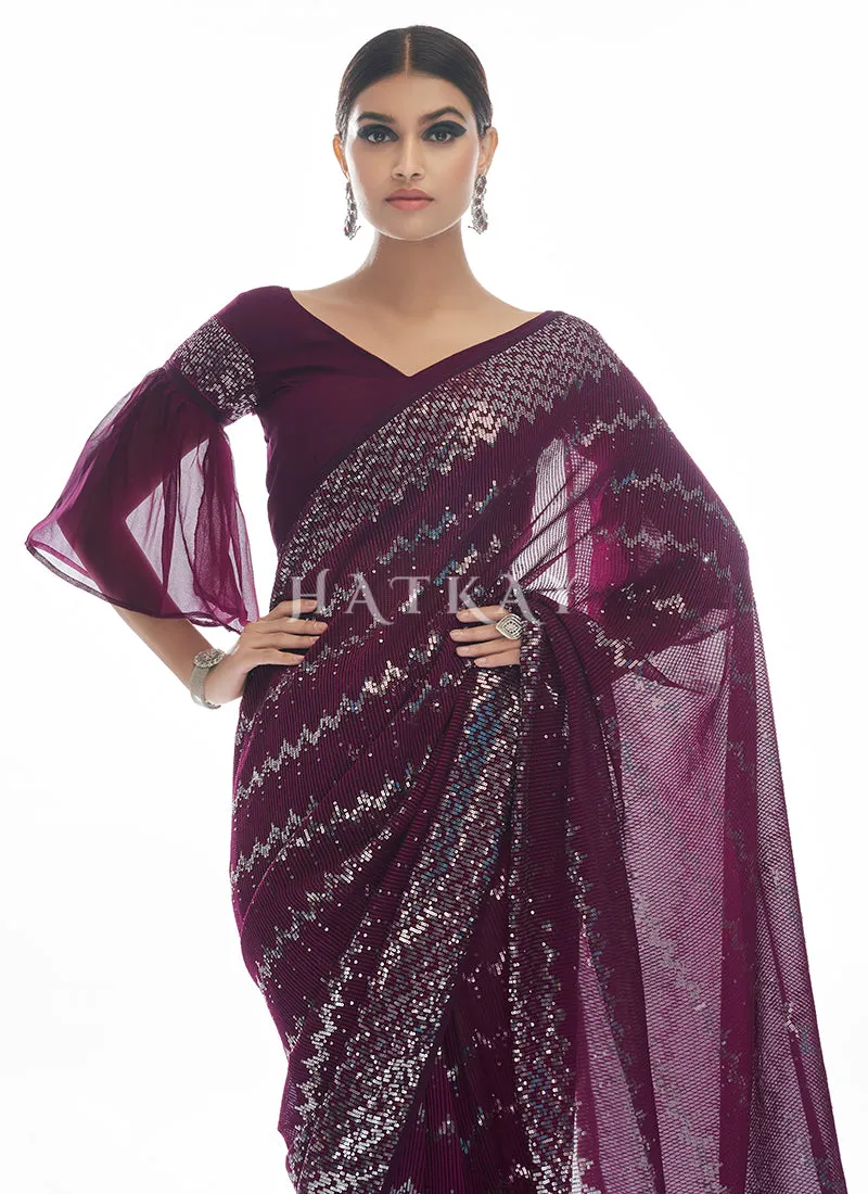 Wine Sequence Embellished Bridesmaid Saree