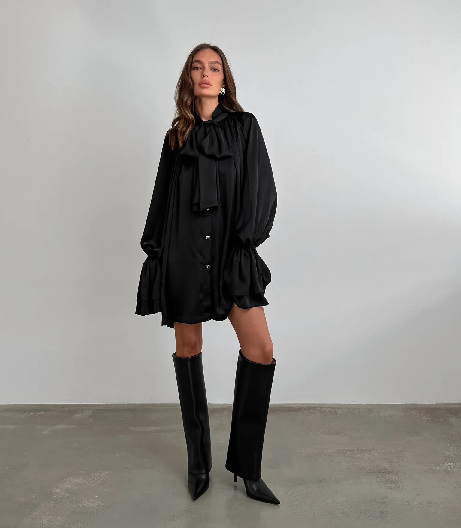 Women's Elegant Puff Sleeve Mini Dress with Tie Neck Detail