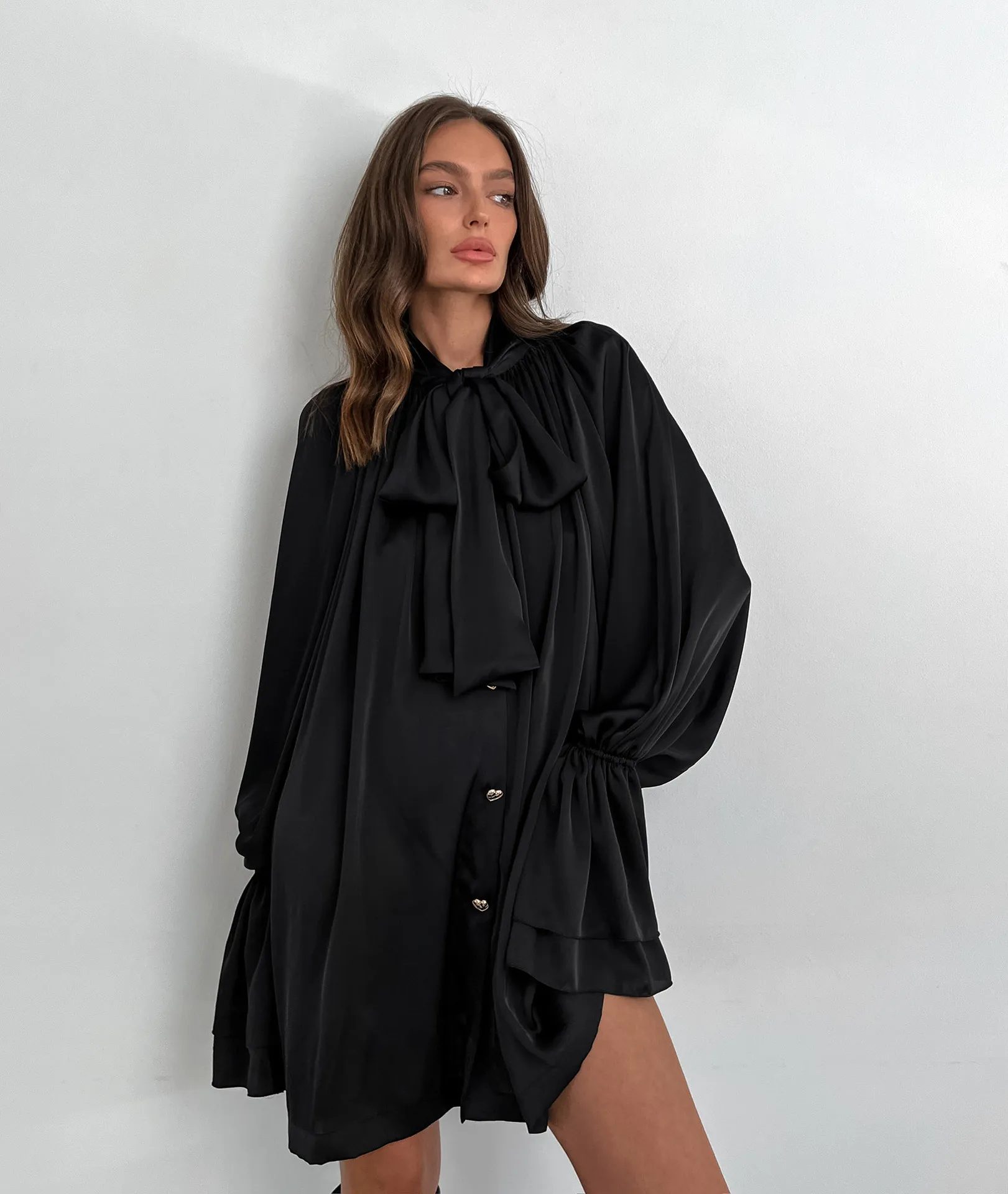 Women's Elegant Puff Sleeve Mini Dress with Tie Neck Detail