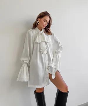 Women's Elegant Puff Sleeve Mini Dress with Tie Neck Detail