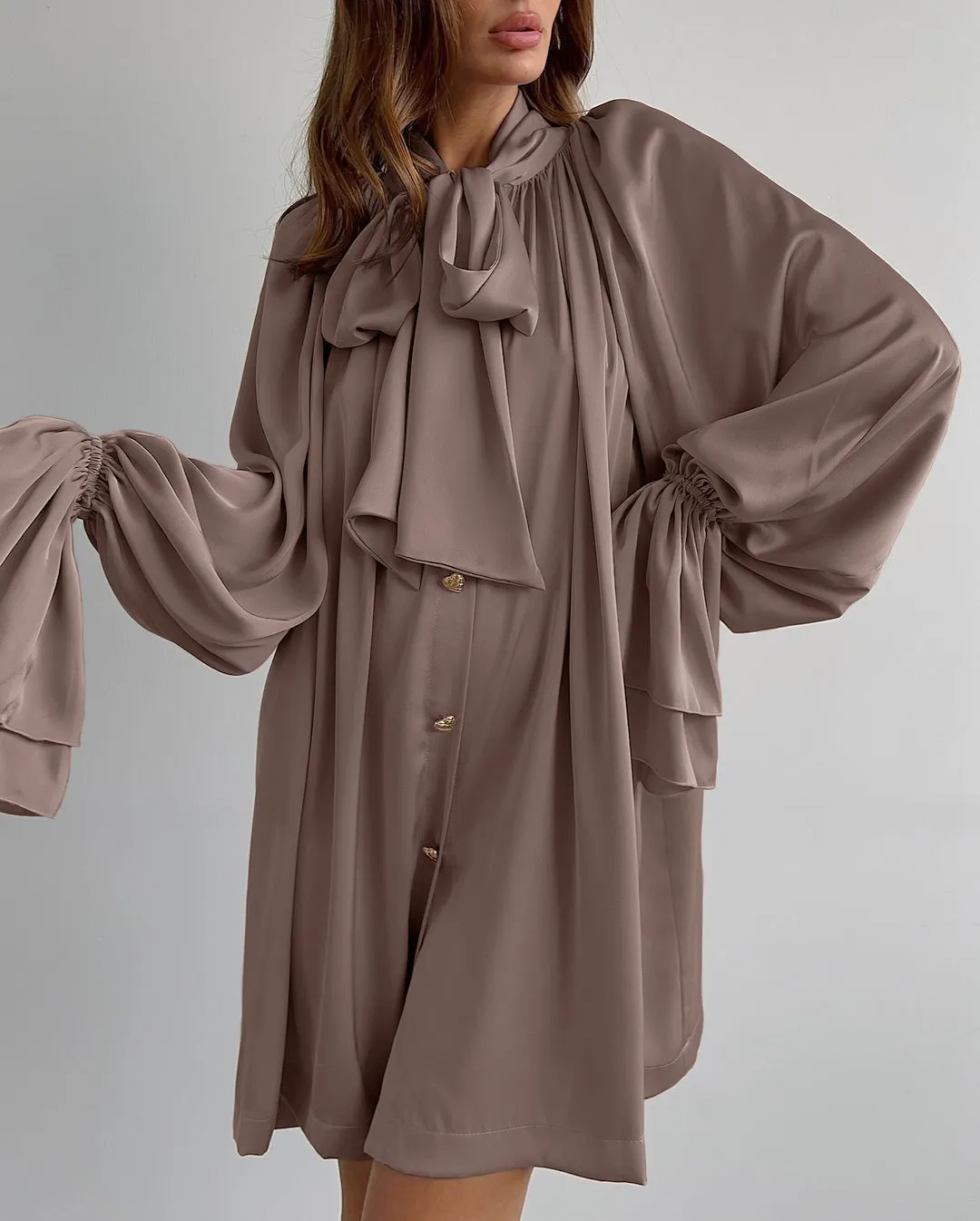 Women's Elegant Puff Sleeve Mini Dress with Tie Neck Detail