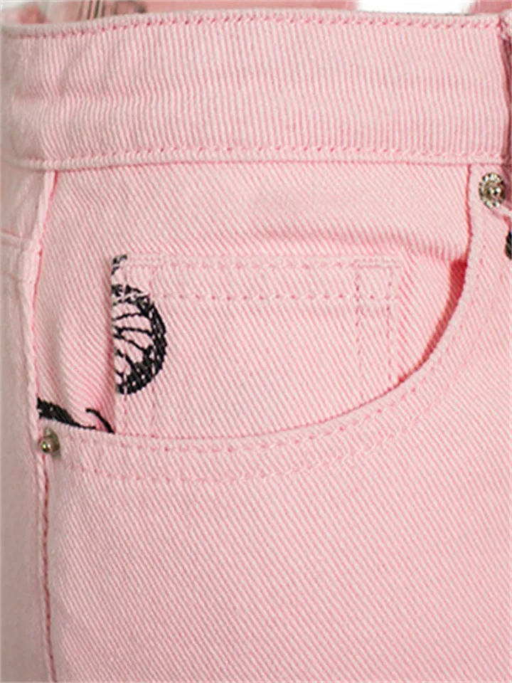 Women's Super Cute Butterfly Print Soft Loose Pink Denim Jeans