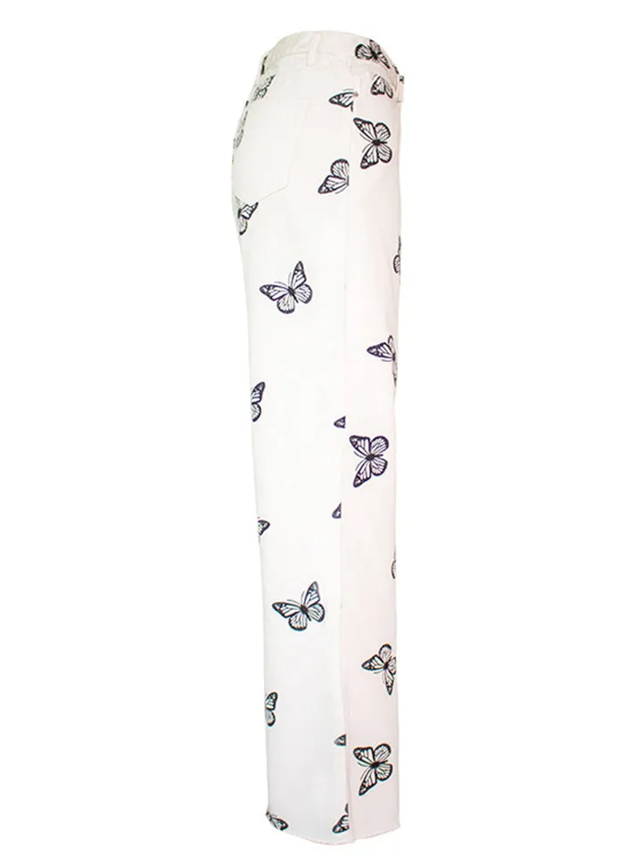 Women's Super Cute Butterfly Print Soft Loose White Color Denim Jeans
