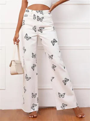 Women's Super Cute Butterfly Print Soft Loose White Color Denim Jeans