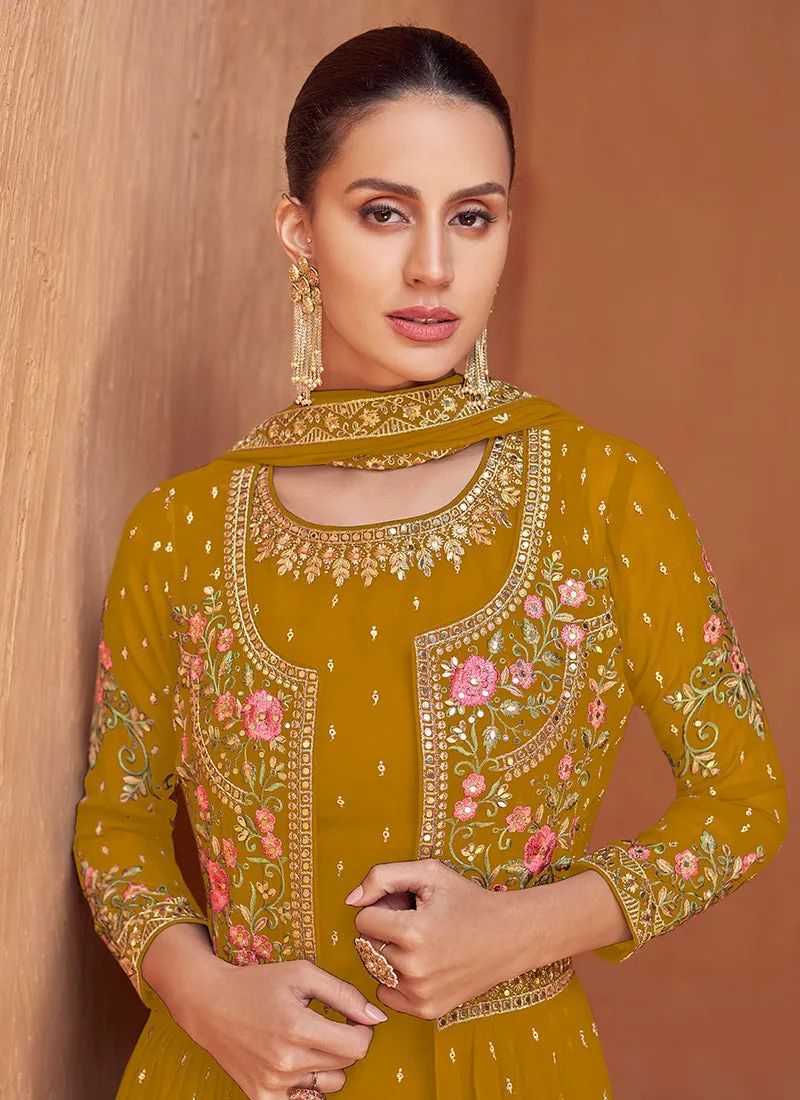 Yellow Multi Embroidered Jacket Style Gharara Suit