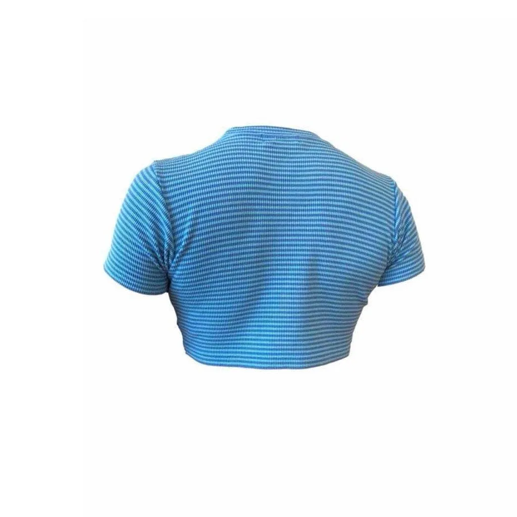 YSL Baby Blue Stripe Logo Crop Top
